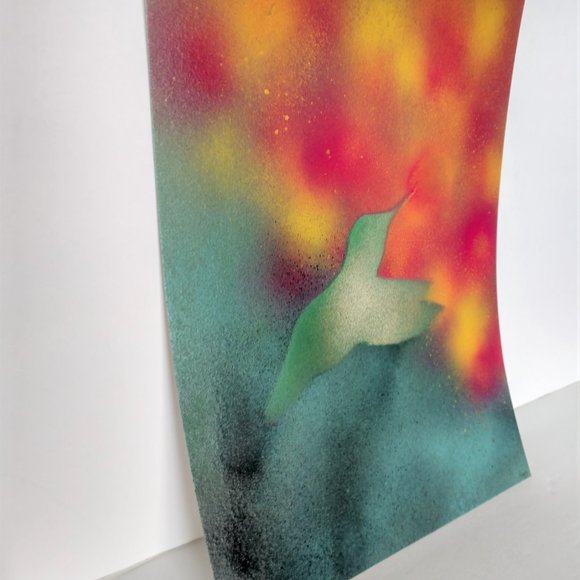 Handmade Painting Of Green Hummingbird and Flowers On Paper - Picture 3 of 16